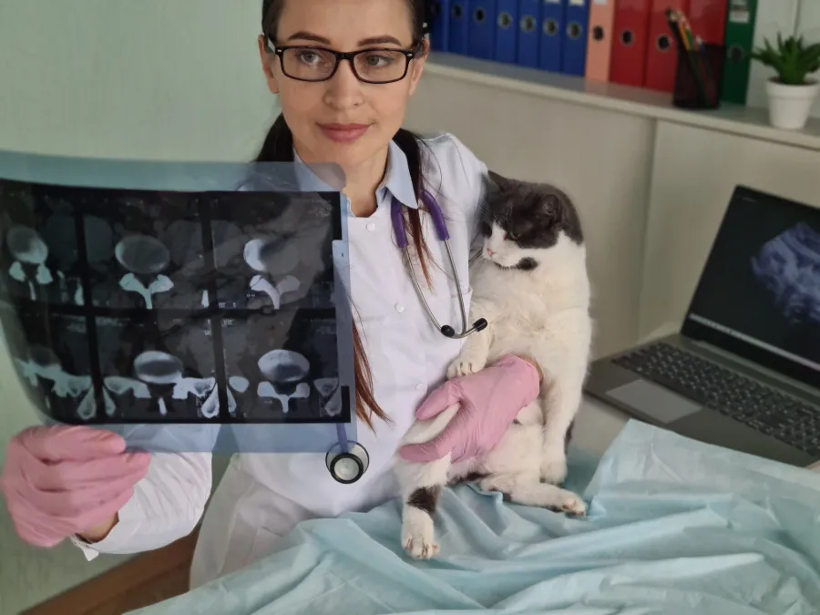 Veterinária analisando o raio-X de um gato